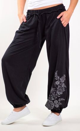 Kalhoty z lehké bavlny Purano - černé s lučním květem
