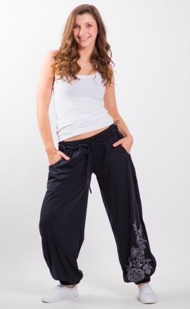 Kalhoty z lehké bavlny Purano - černé s lučním květem